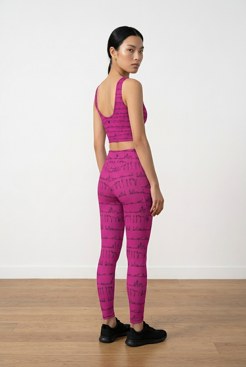 Bikram Series - iSquared Pocket Leggings in vibrant pink with black yoga posture print, featuring a high-rise waistband.