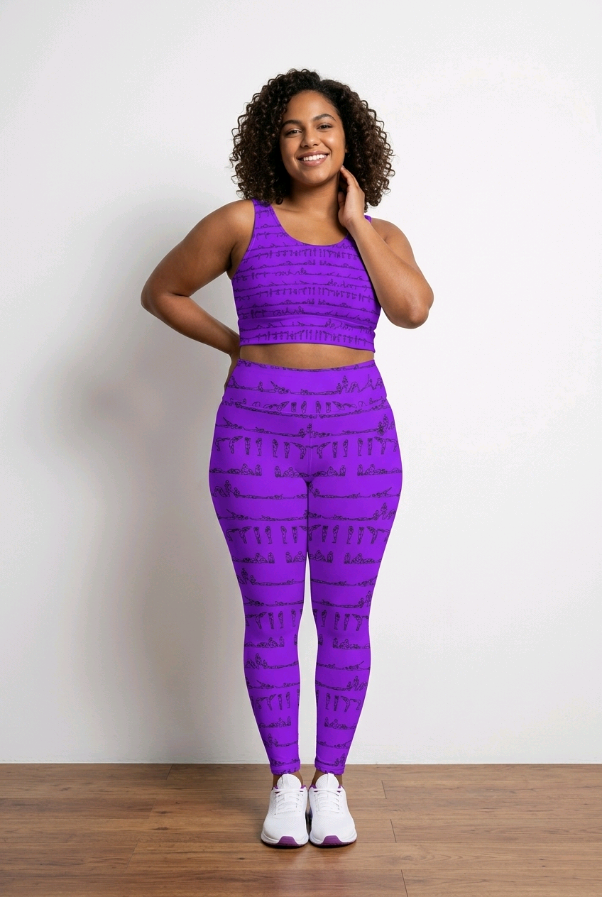 Purple leggings with a high-rise waistband, featuring a Bikram yoga pose print. Worn with a matching crop top.