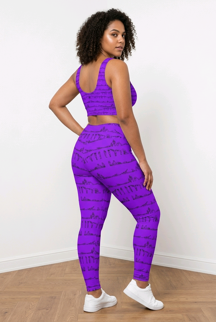 High-stretch, purple leggings with a black Bikram yoga print, featuring side pockets and a high-rise waistband.