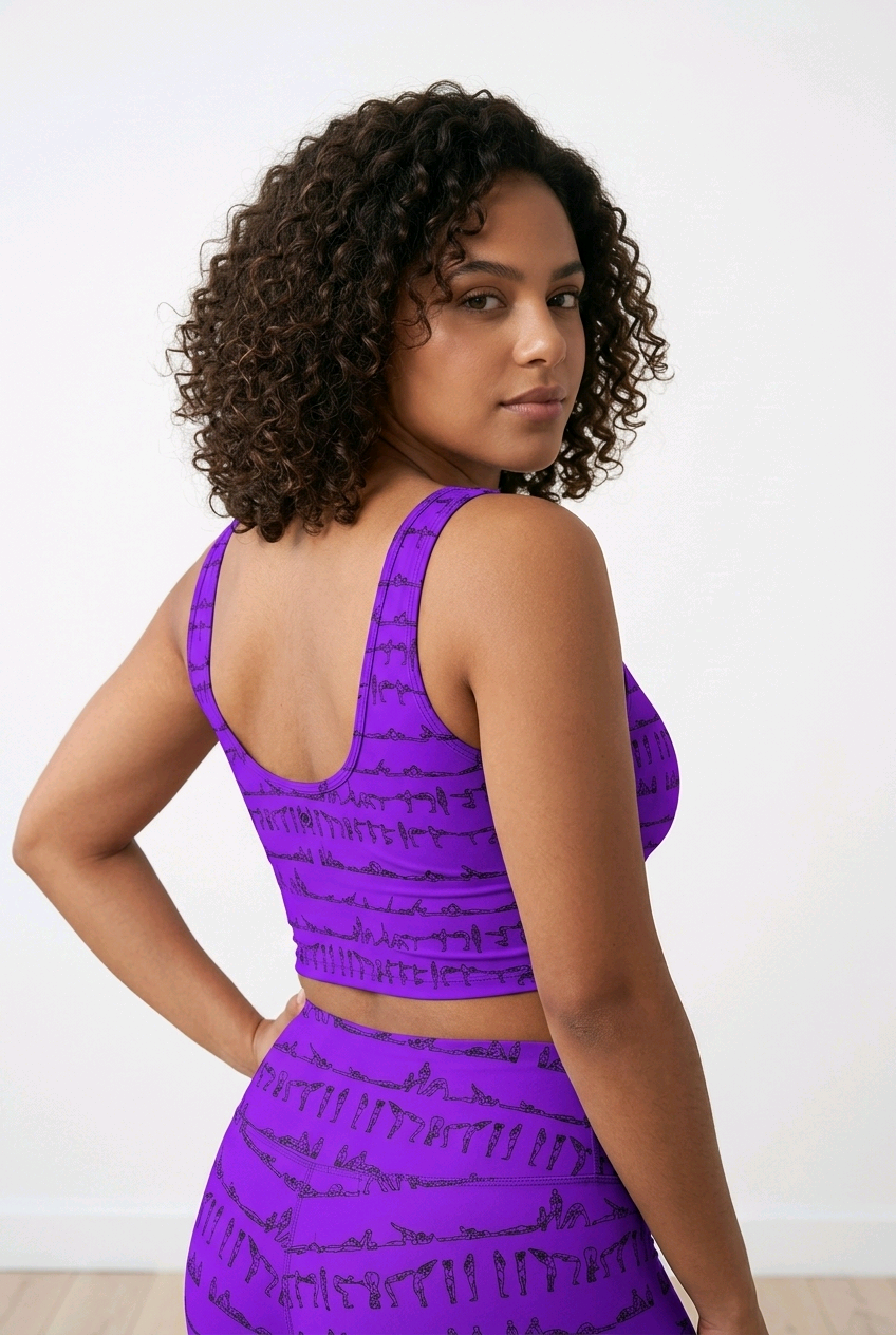 Bikram Series iSquared Crop Top with all-over yoga pose print, padded support, cropped fit, and U-back design