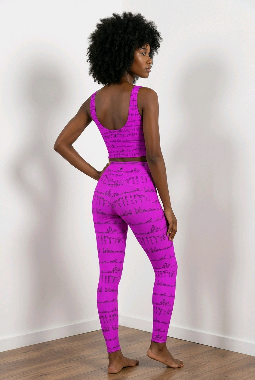 High-rise, purple pocket leggings featuring a Bikram yoga design, worn with a matching sleeveless crop top.