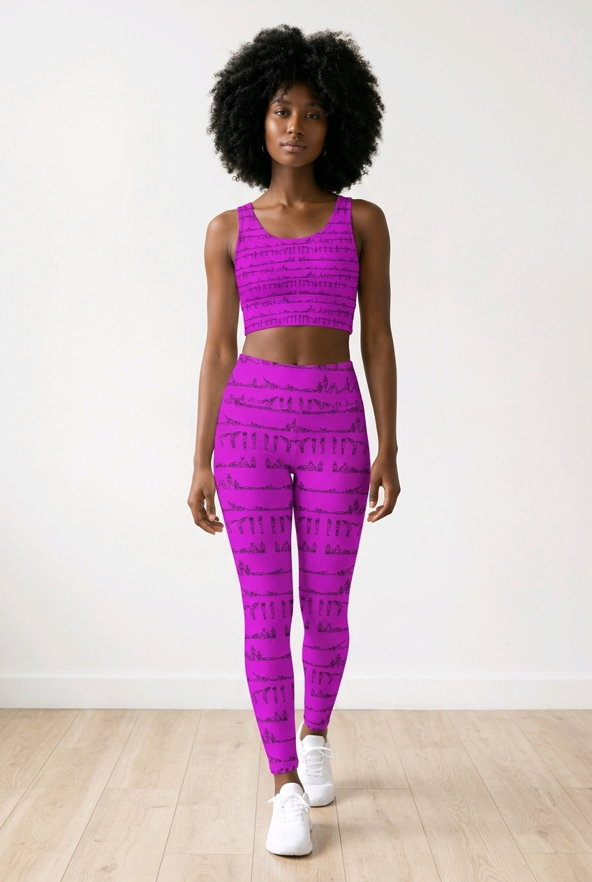 Purple high-rise leggings with black yoga posture print worn with a matching crop top, paired with white sneakers.