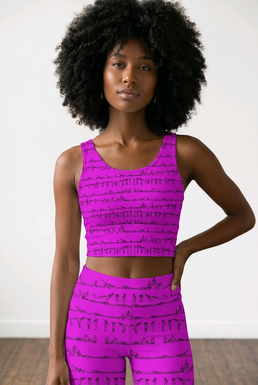Bikram Series iSquared Crop Top with all-over yoga pose print, padded support, cropped fit, and U-back design