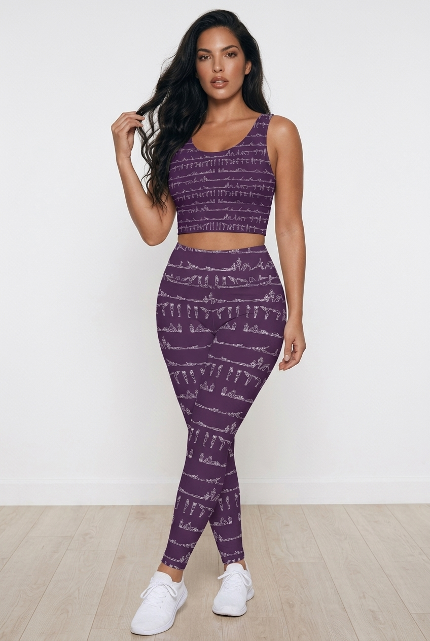 Bikram Ember pocket leggings in dark purple with white yoga pose patterns, high-rise waistband, and fitted style.