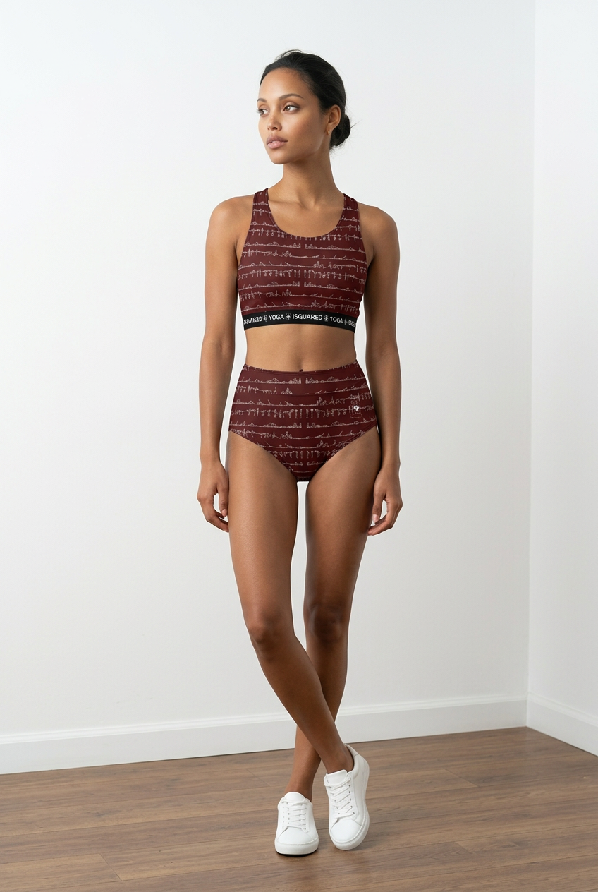 Bikram Ember hot yoga bikini set featuring a maroon color with a contrast graphic pattern, styled with high-waisted bottoms.
