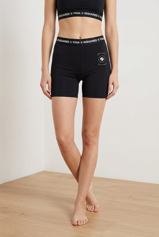 Black iSquared Yoga Shorts with a wide elastic waistband and logo. Fitted style, ideal for yoga and casual wear.