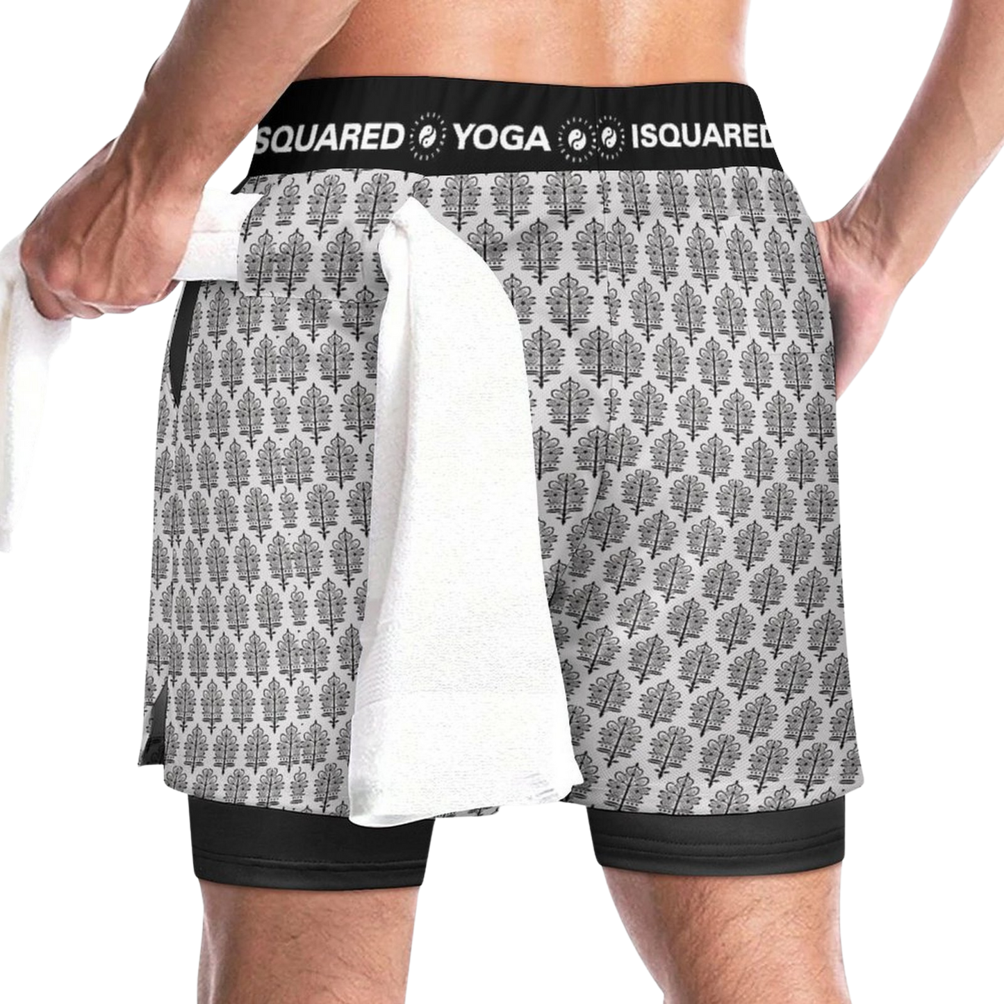 Jaipur Love dual-layer compression yoga shorts with mesh outer shell, milk silk liner, pockets, and vibrant print