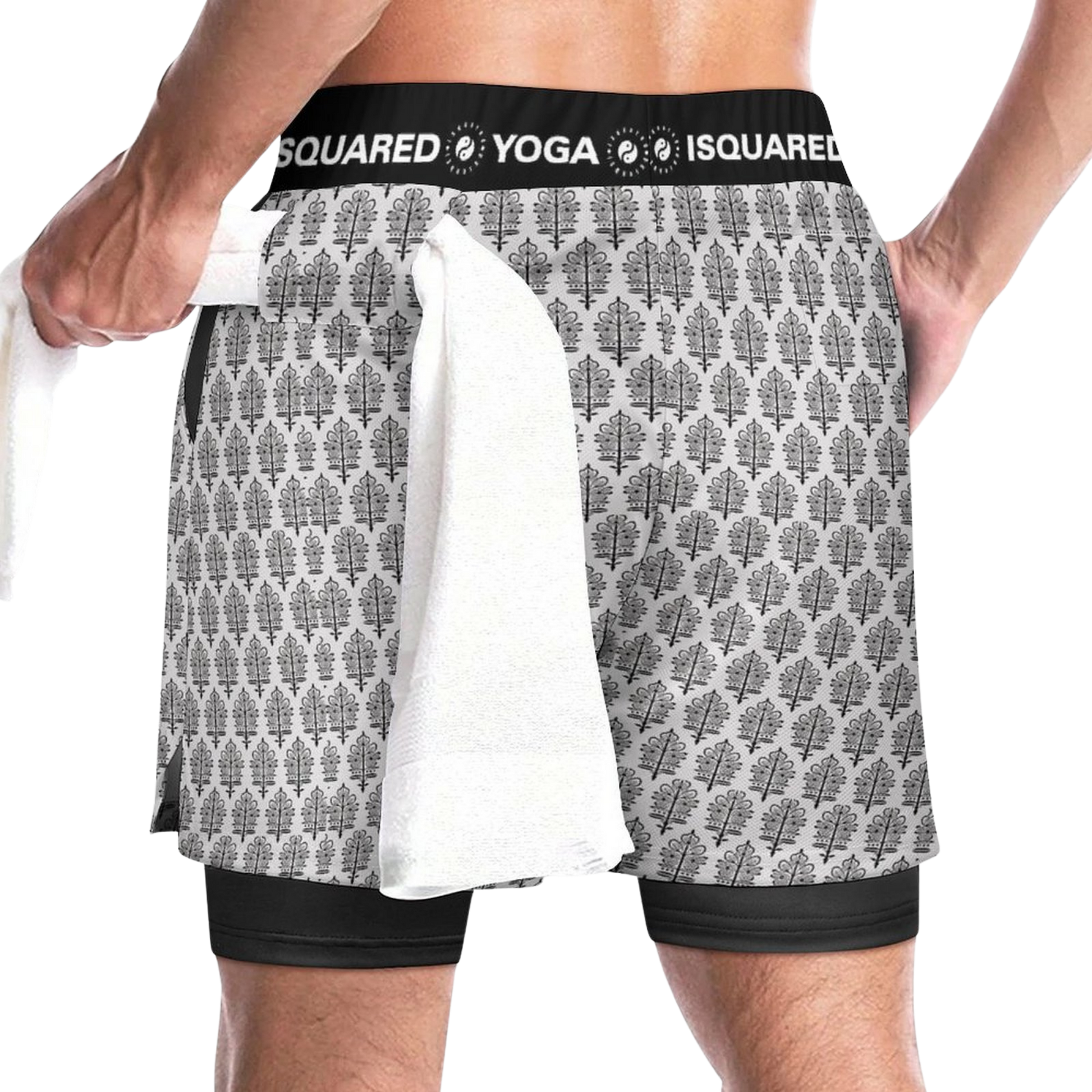 Jaipur Love dual-layer compression yoga shorts with mesh outer shell, milk silk liner, pockets, and vibrant print