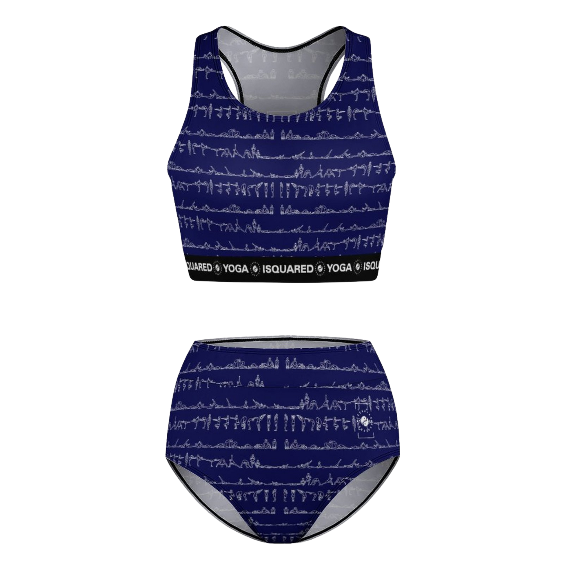 Bikram Ember hot yoga bikini set in dark blue with white yoga pose graphics; includes a crop top and high-waisted bottom.