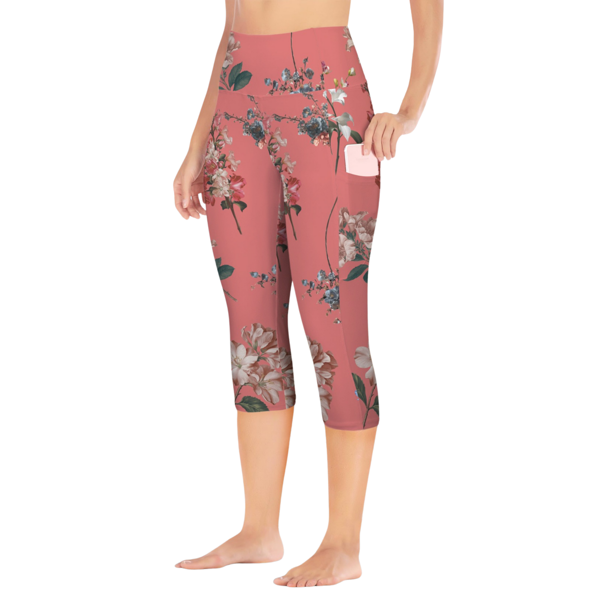 Botanicals iSquared Pocket Capri leggings with high-rise waistband, mid-calf length, and two side pockets