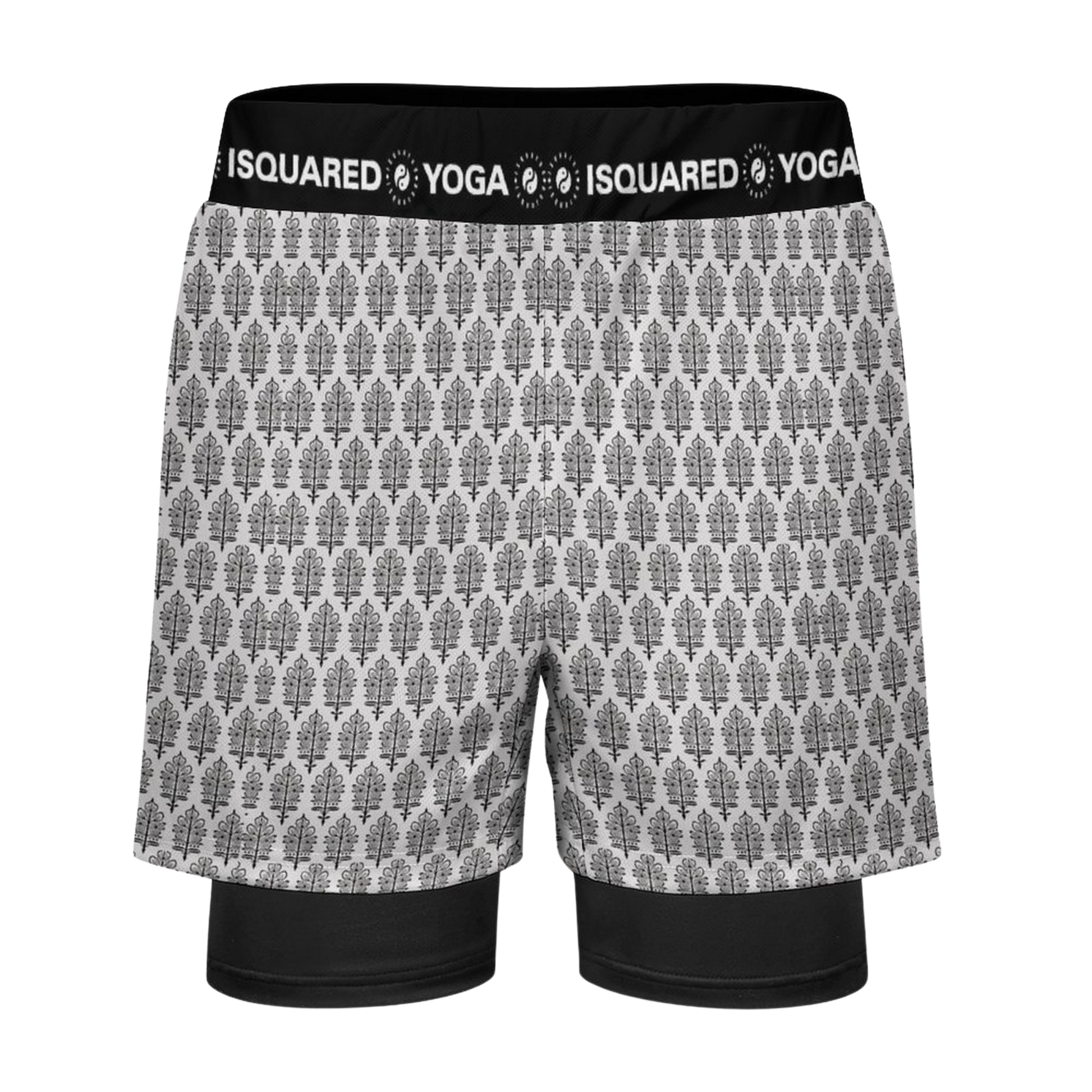 Jaipur Love dual-layer compression yoga shorts with mesh outer shell, milk silk liner, pockets, and vibrant print