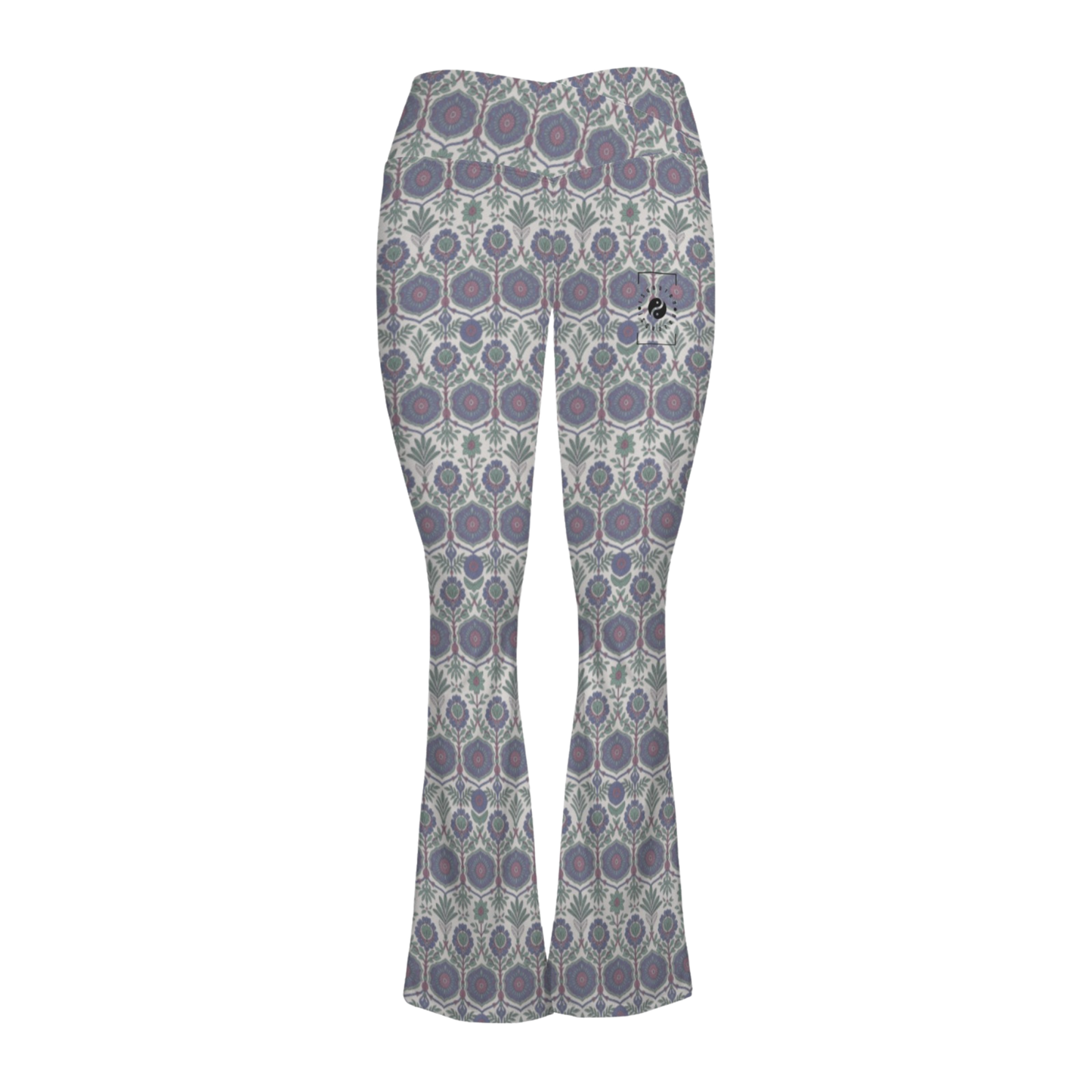 Jaipur Love Cross Waisted Flare Leggings with crossover waistband, V seam, flared leg, and printed stretch fabric
