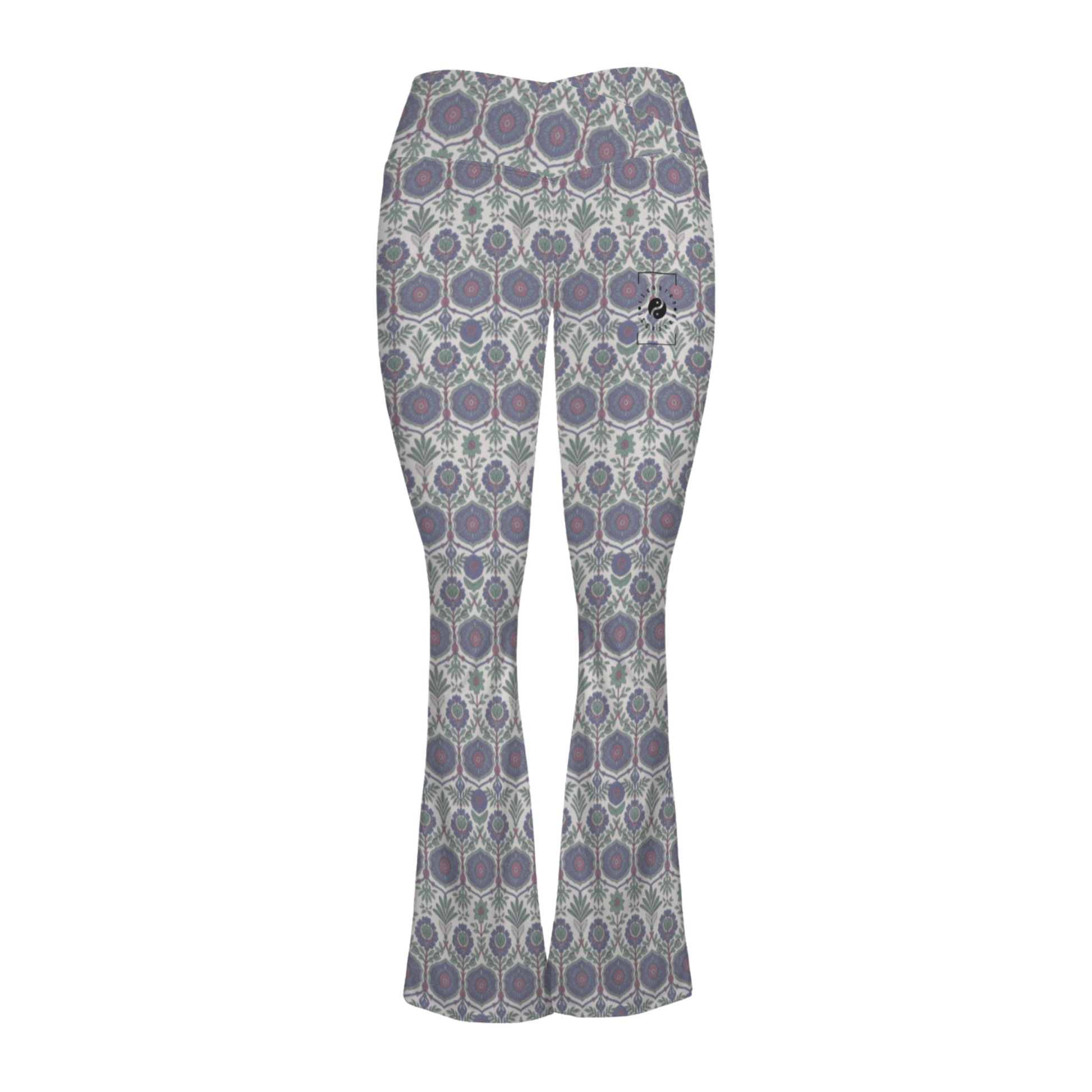 Jaipur Love Cross Waisted Flare Leggings with crossover waistband, V seam, flared leg, and printed stretch fabric