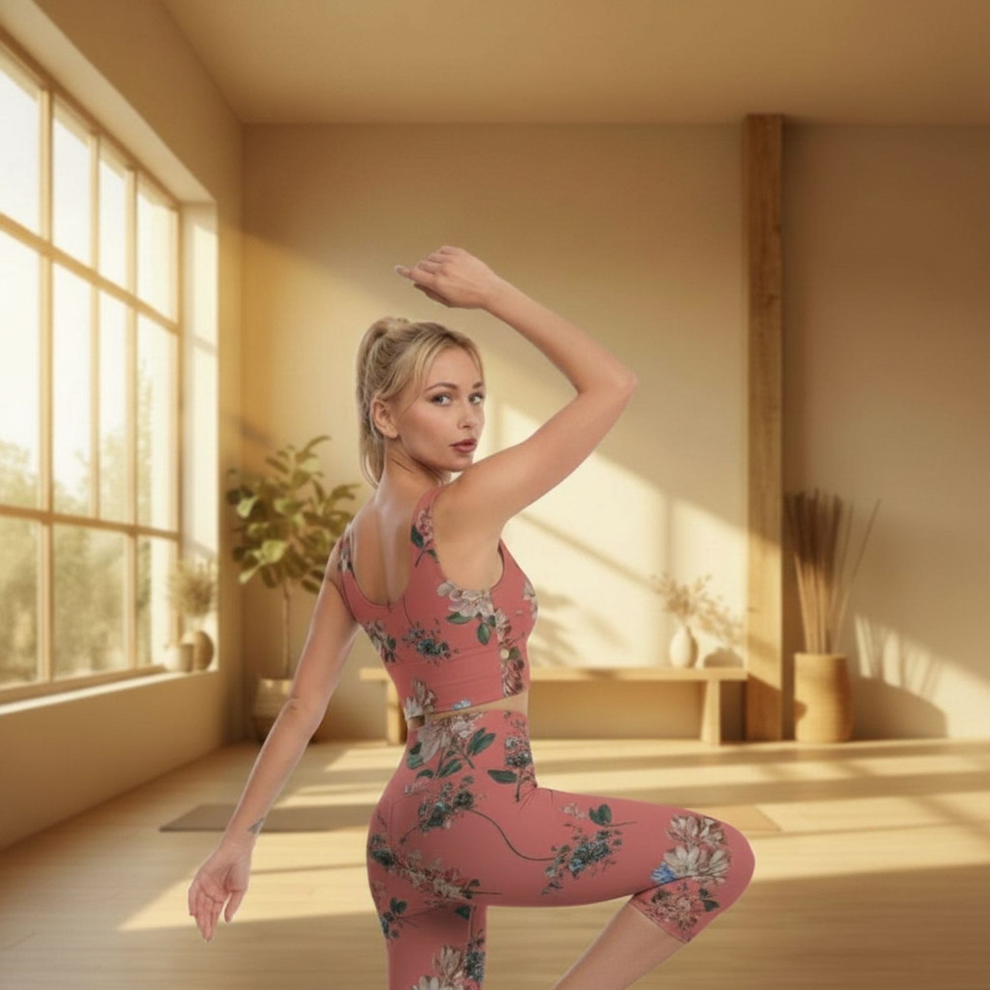 Botanicals iSquared Pocket Capri leggings with high-rise waistband, mid-calf length, and two side pockets