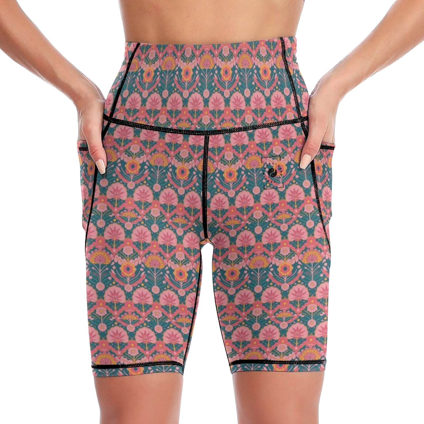 Jaipur Love iSquared Maureen high-waisted biker shorts with mid-thigh fit, printed fabric, and two side pockets