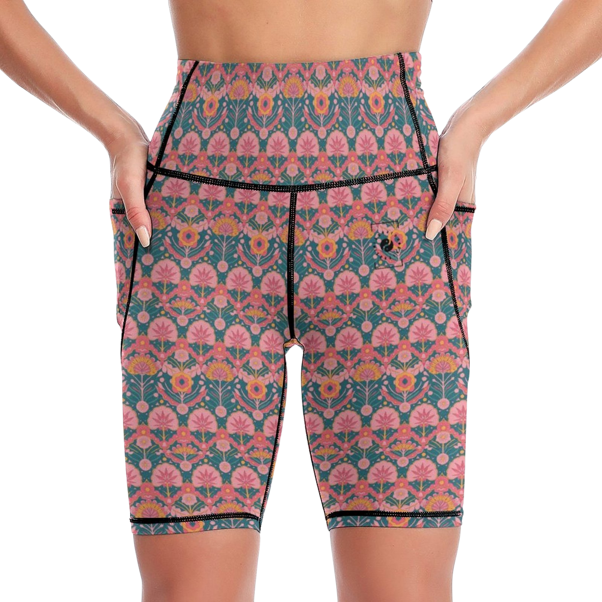 Jaipur Love iSquared Maureen high-waisted biker shorts with mid-thigh fit, printed fabric, and two side pockets