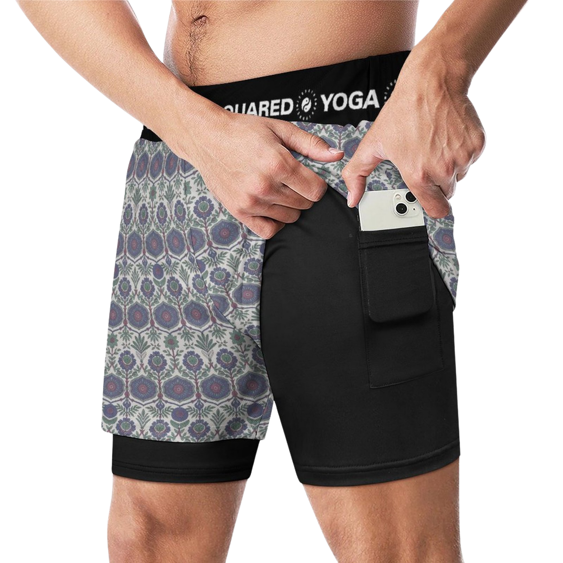 Jaipur Love dual-layer compression yoga shorts with mesh outer shell, milk silk liner, pockets, and vibrant print