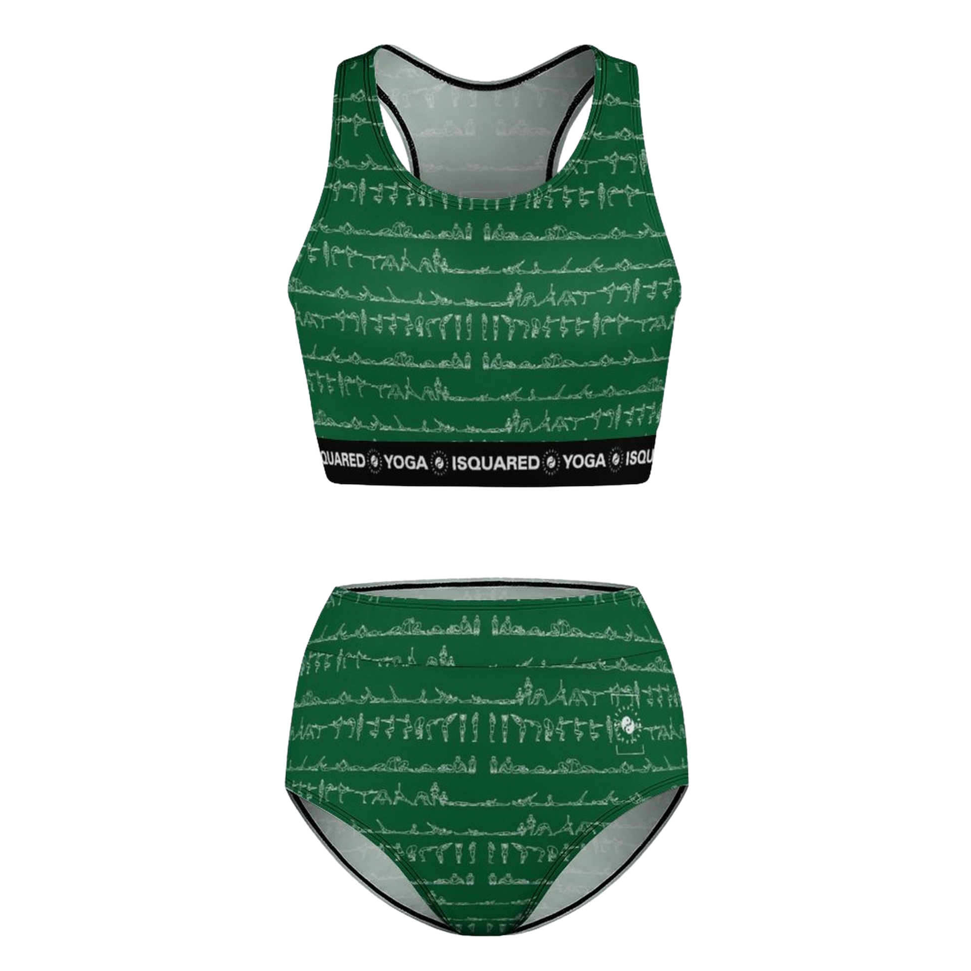 Green hot yoga bikini set featuring a racerback sports bra and high-waisted bottom, adorned with a white yoga pose pattern.