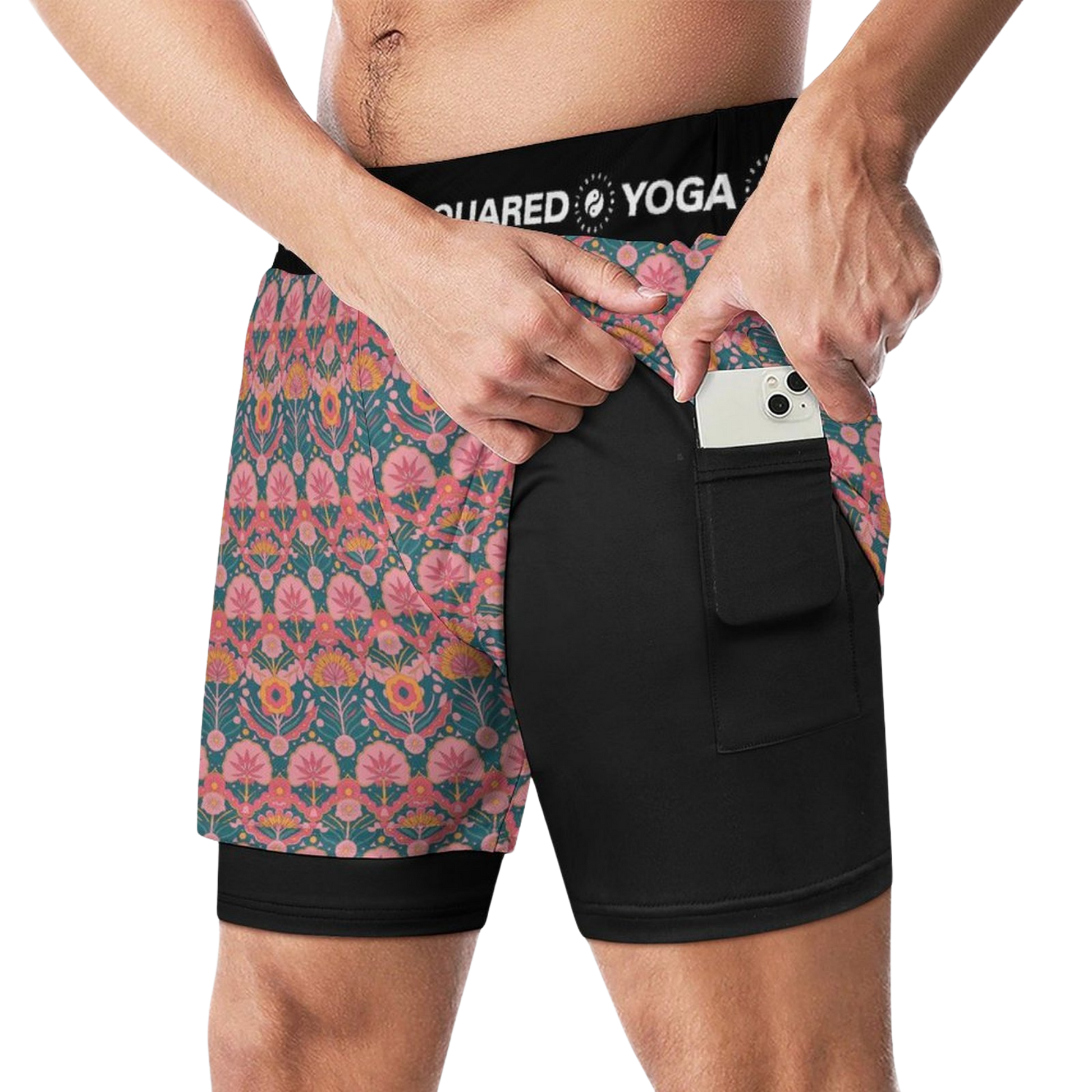 Jaipur Love dual-layer compression yoga shorts with mesh outer shell, milk silk liner, pockets, and vibrant print