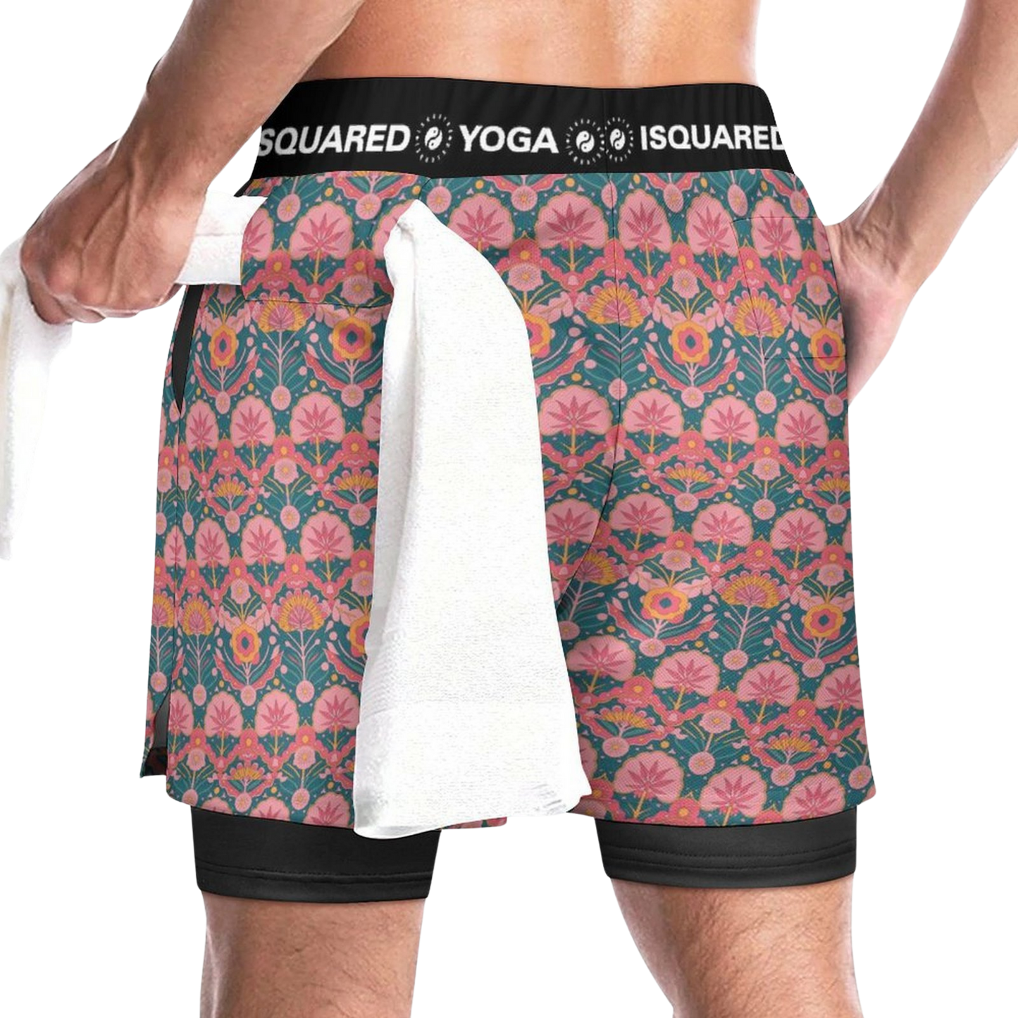 Jaipur Love dual-layer compression yoga shorts with mesh outer shell, milk silk liner, pockets, and vibrant print