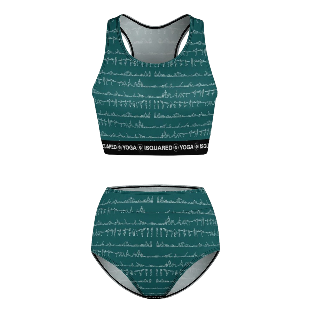 Bikram Ember hot yoga bikini set featuring a teal pattern with white yoga poses, high-waisted bottoms, and a supportive crop top.