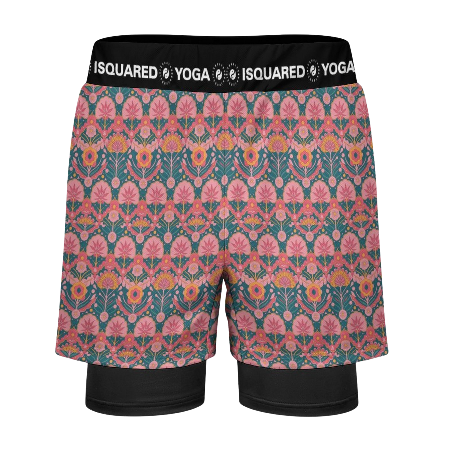 Jaipur Love dual-layer compression yoga shorts with mesh outer shell, milk silk liner, pockets, and vibrant print