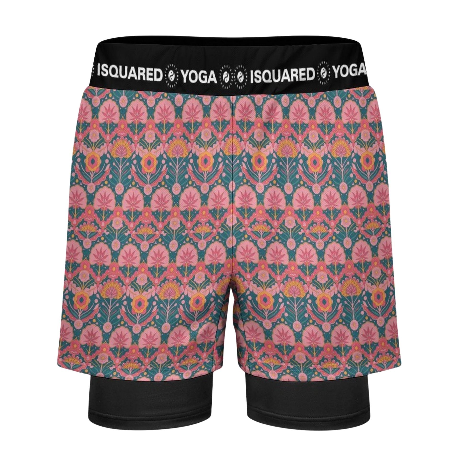 Jaipur Love dual-layer compression yoga shorts with mesh outer shell, milk silk liner, pockets, and vibrant print