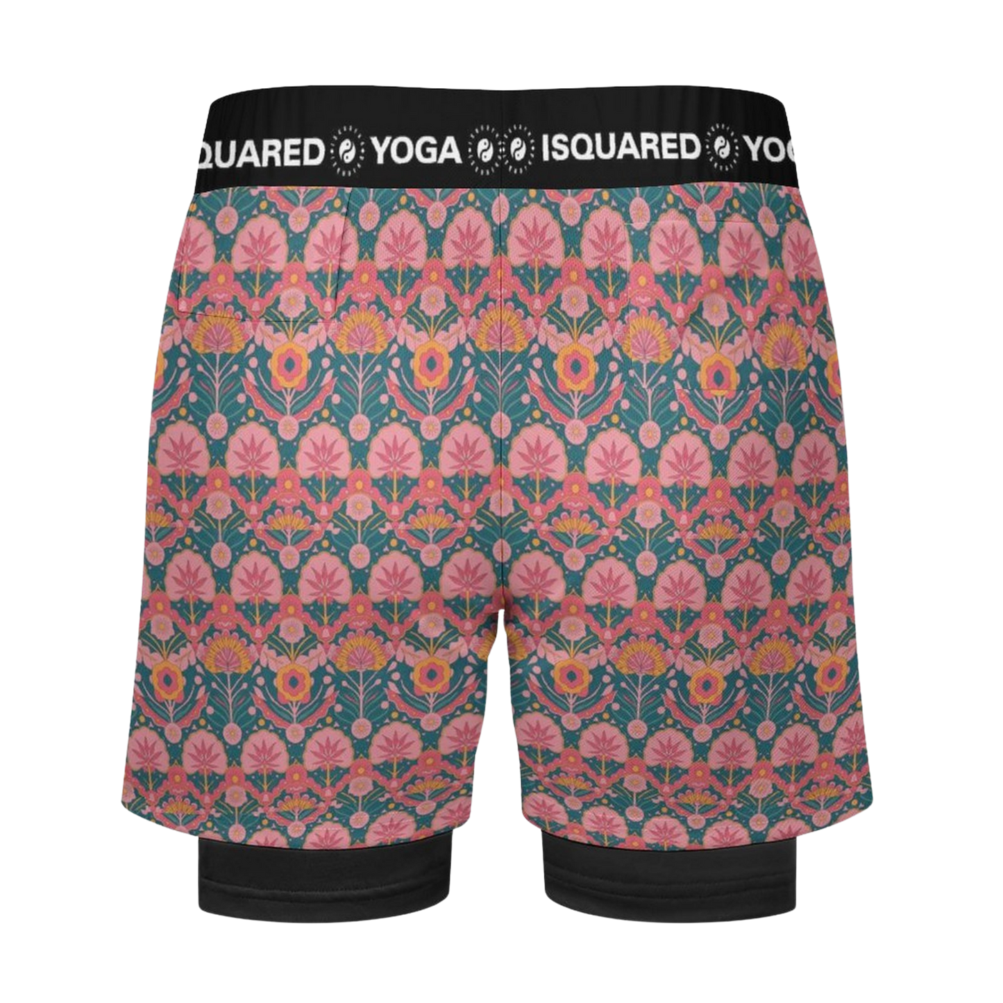 Jaipur Love dual-layer compression yoga shorts with mesh outer shell, milk silk liner, pockets, and vibrant print