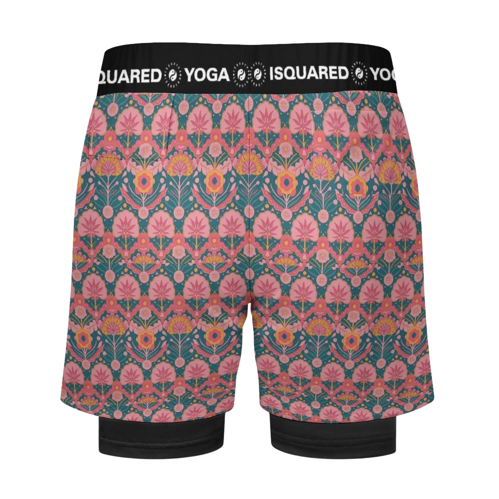 Jaipur Love dual-layer compression yoga shorts with mesh outer shell, milk silk liner, pockets, and vibrant print