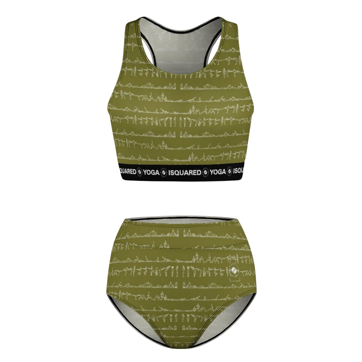 Bikram Ember hot yoga bikini set featuring a sage green color with yoga pose graphics, high-waisted bikini bottom, and sporty top.