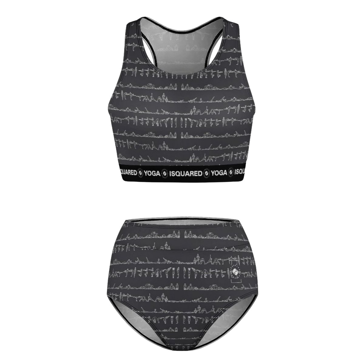 Bikram Ember hot yoga bikini set in dark gray featuring a graphic pattern of yoga poses and a supportive waistband.