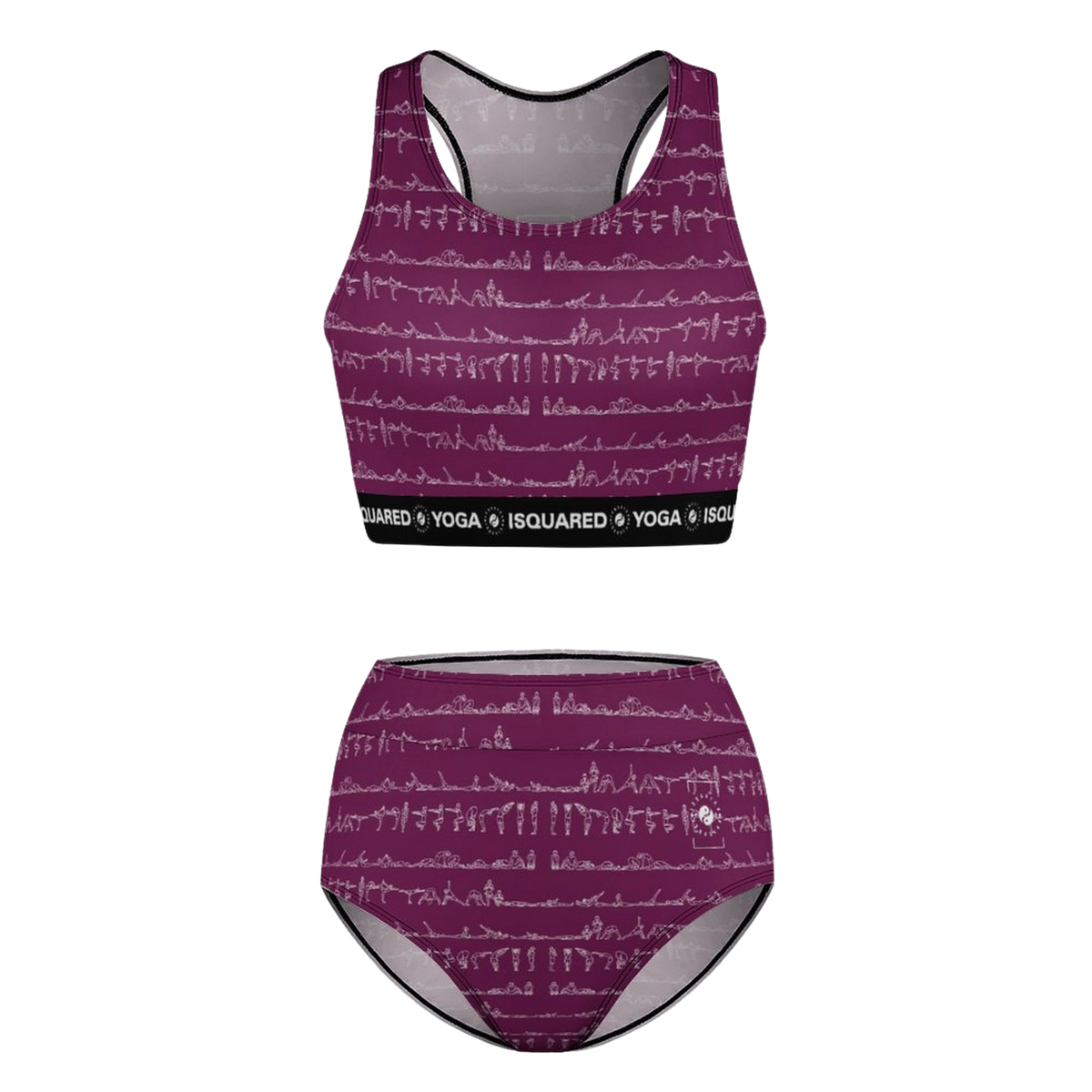 Bikram Ember hot yoga bikini set in deep maroon with intricate white posture designs, featuring a supportive bralette and high-waisted bottoms.