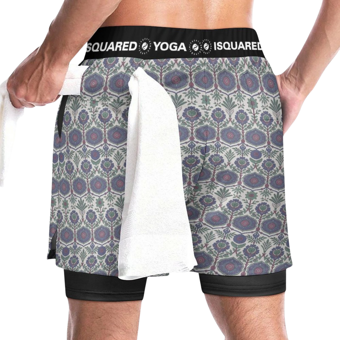 Jaipur Love dual-layer compression yoga shorts with mesh outer shell, milk silk liner, pockets, and vibrant print