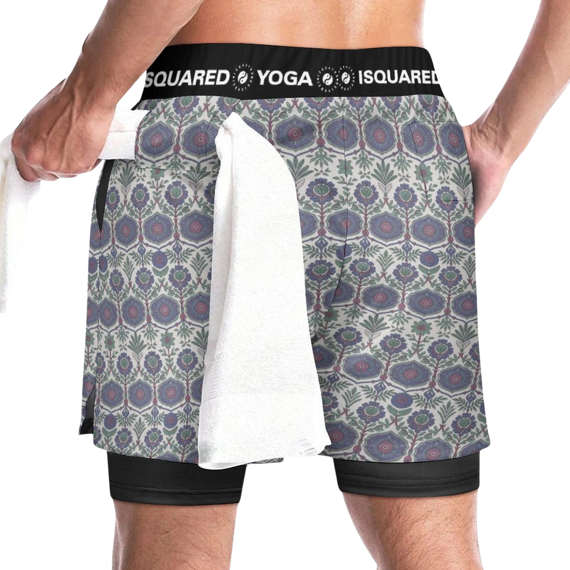 Jaipur Love dual-layer compression yoga shorts with mesh outer shell, milk silk liner, pockets, and vibrant print