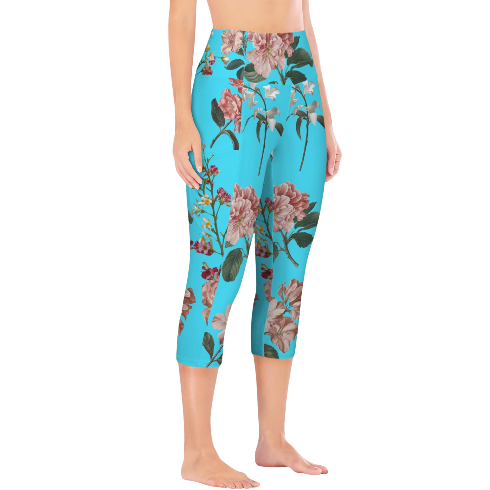 Botanicals iSquared Pocket Capri leggings with high-rise waistband, mid-calf length, and two side pockets