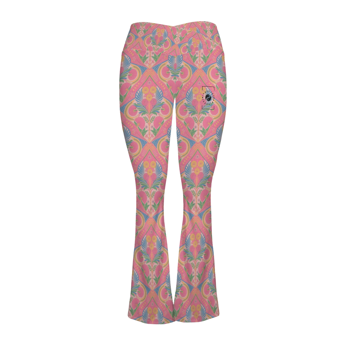 Jaipur Love Cross Waisted Flare Leggings with crossover waistband, V seam, flared leg, and printed stretch fabric