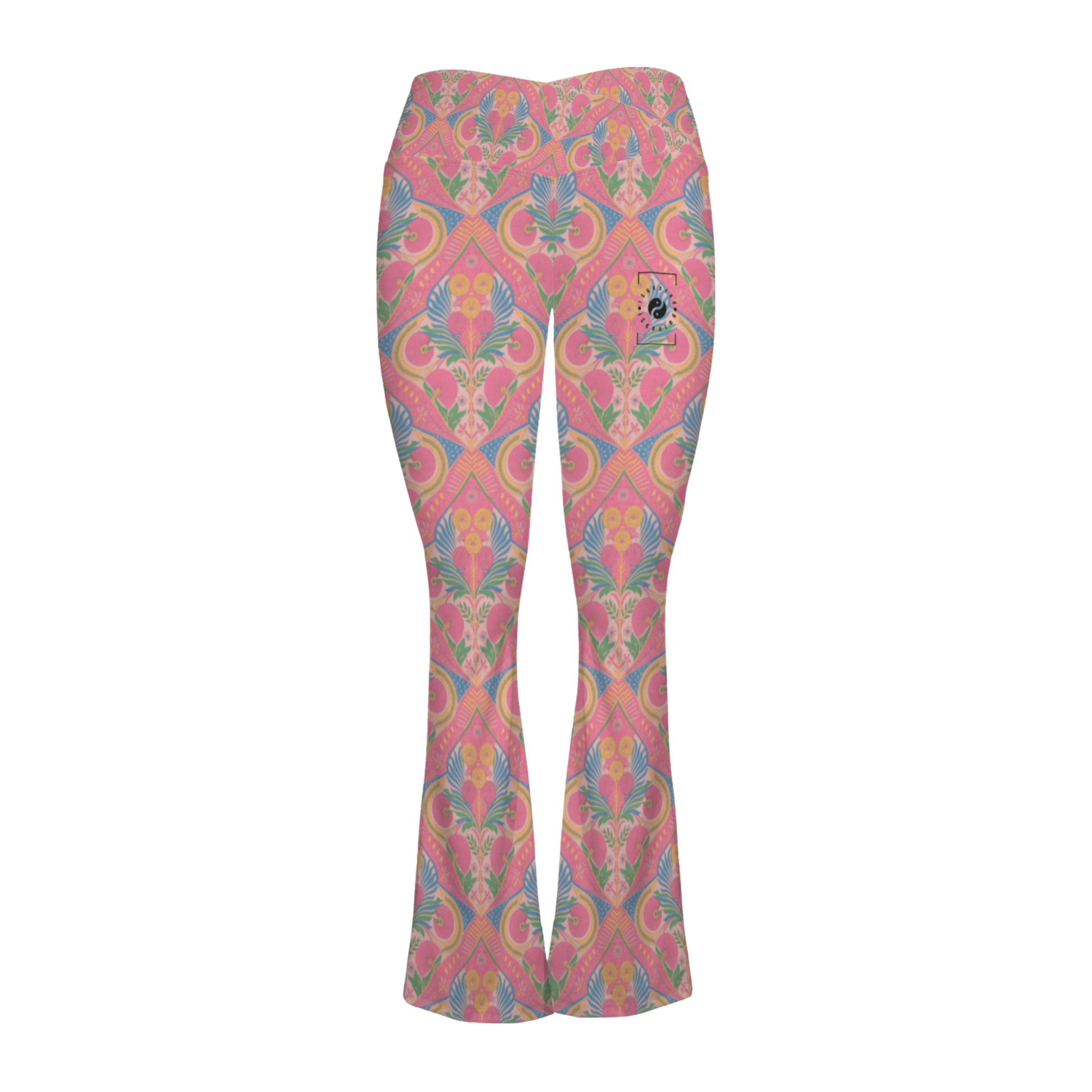 Jaipur Love Cross Waisted Flare Leggings with crossover waistband, V seam, flared leg, and printed stretch fabric