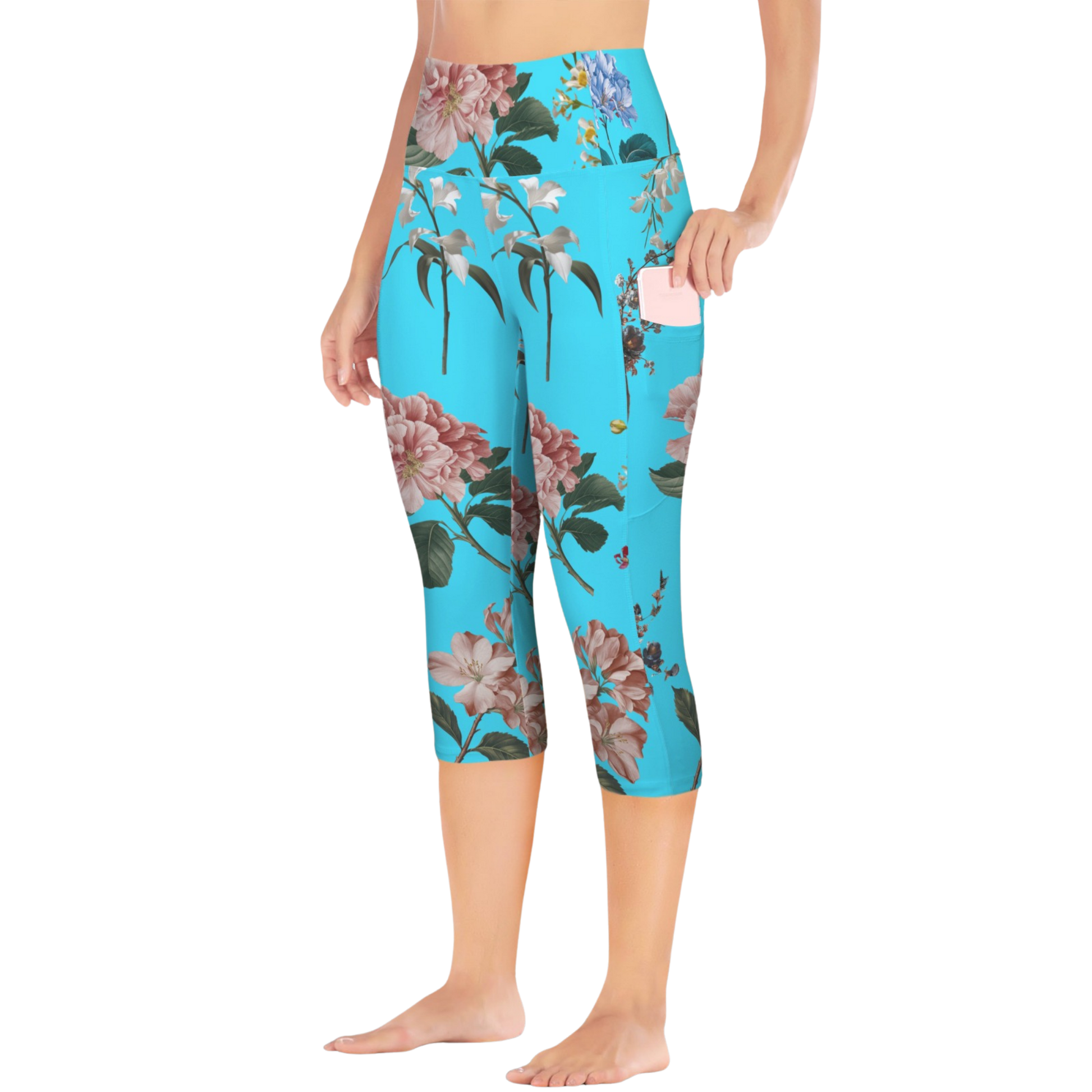 Botanicals iSquared Pocket Capri leggings with high-rise waistband, mid-calf length, and two side pockets