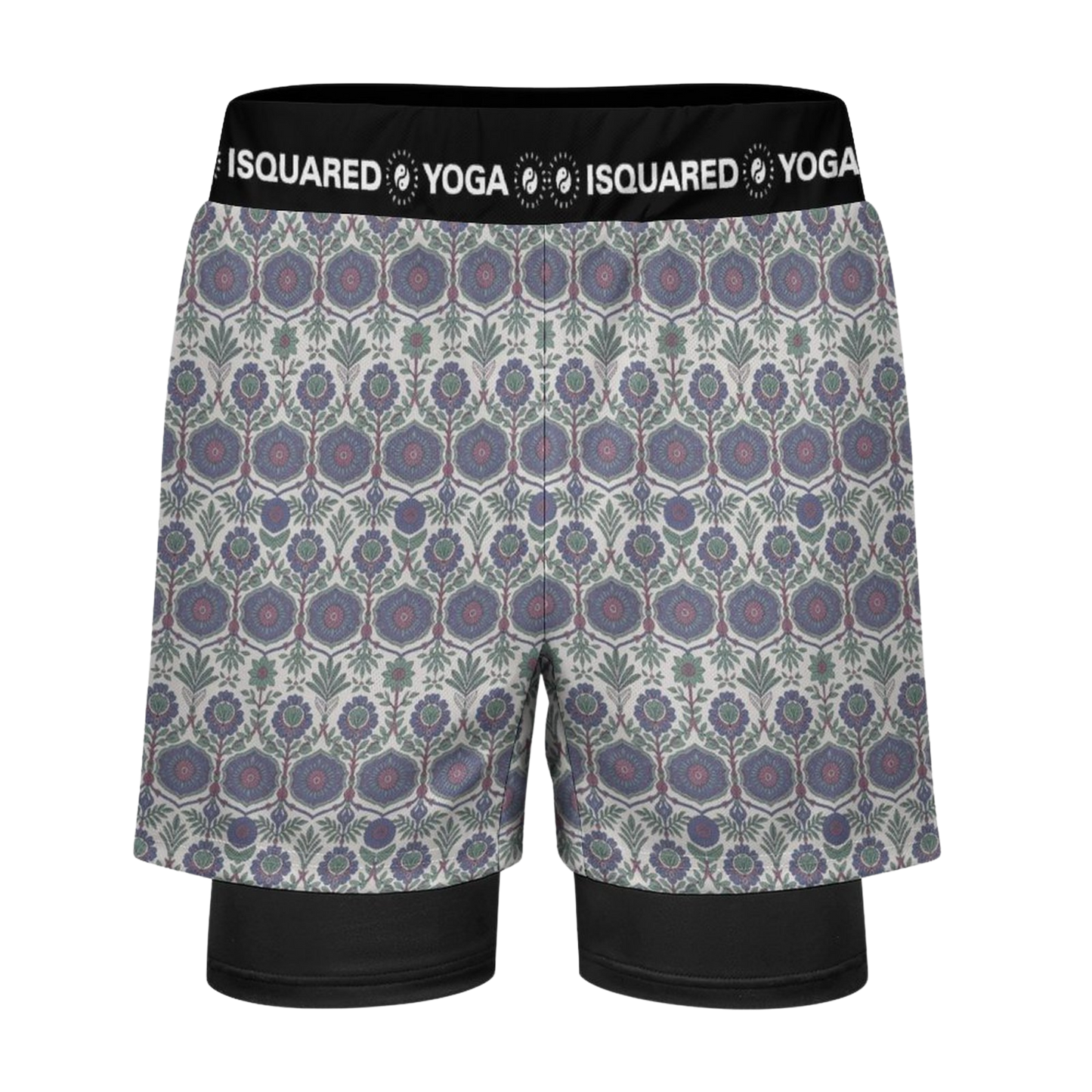 Jaipur Love dual-layer compression yoga shorts with mesh outer shell, milk silk liner, pockets, and vibrant print
