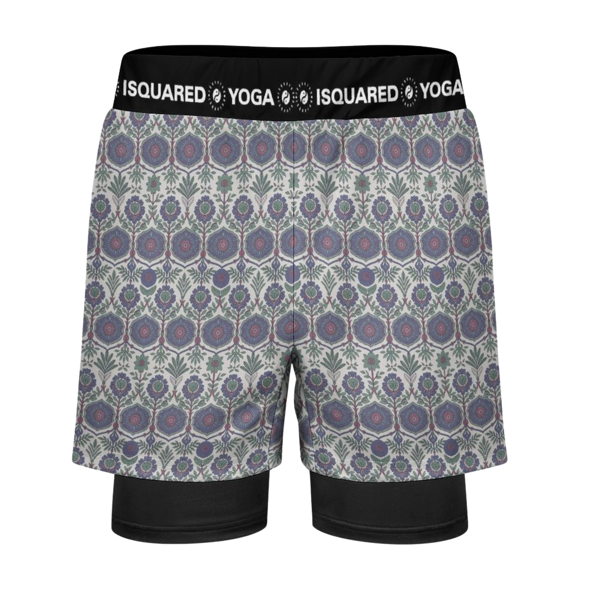 Jaipur Love dual-layer compression yoga shorts with mesh outer shell, milk silk liner, pockets, and vibrant print