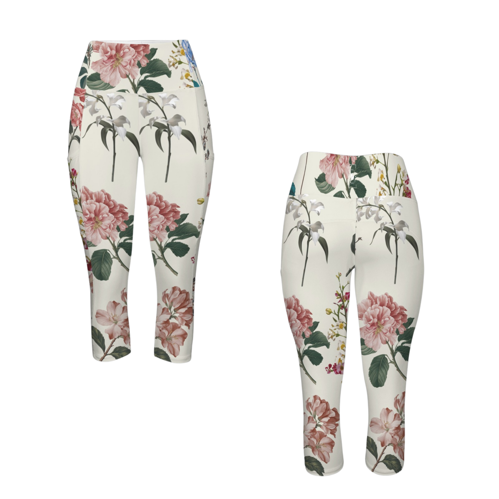Botanicals iSquared Pocket Capri leggings with high-rise waistband, mid-calf length, and two side pockets