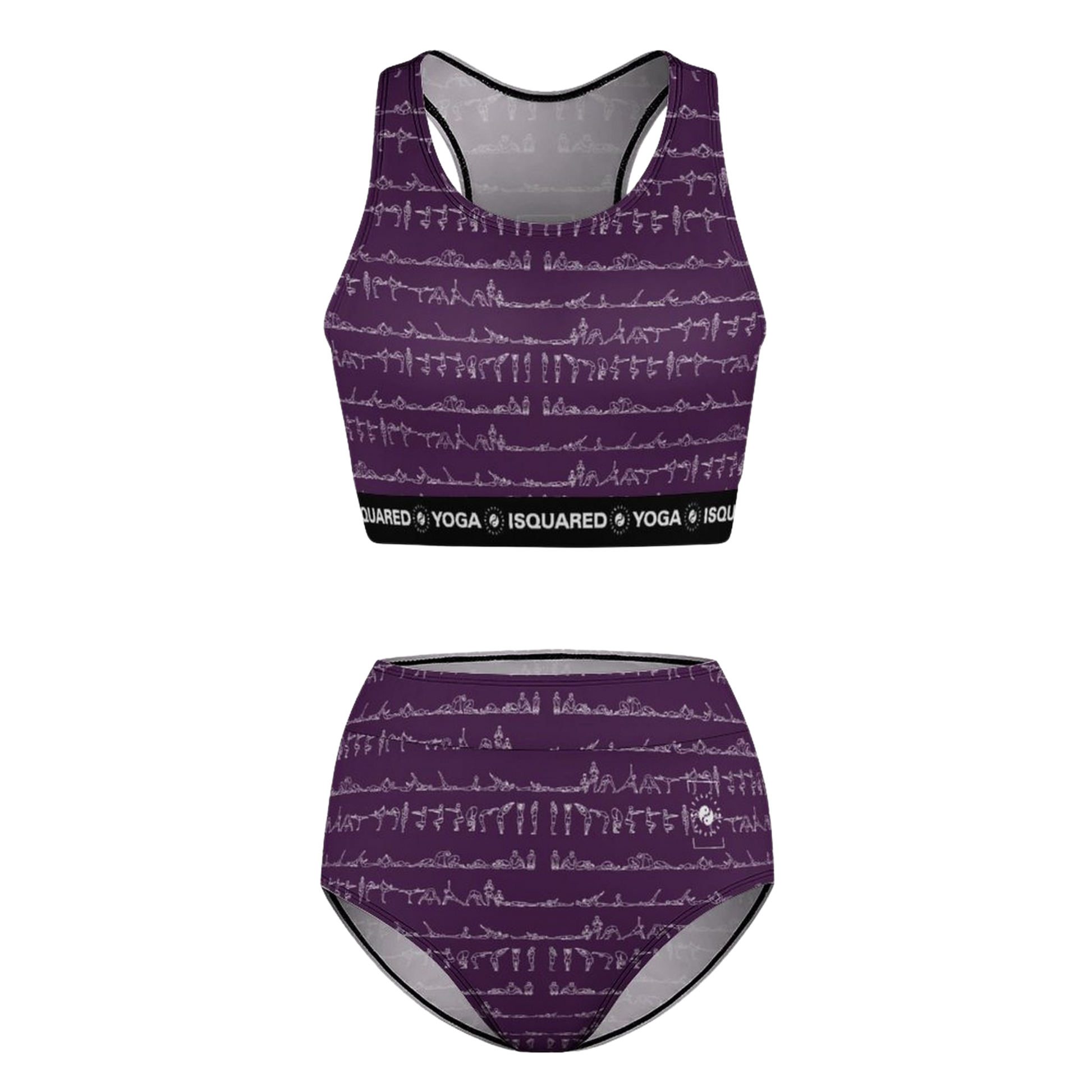 Hot Yoga Bikini Set in deep purple with white yoga pose patterns, featuring a racerback design and high-waisted bottom.