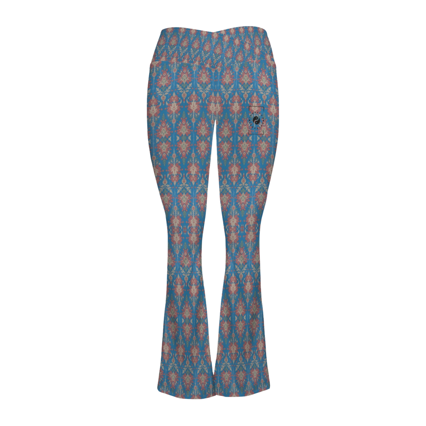 Jaipur Love Cross Waisted Flare Leggings with crossover waistband, V seam, flared leg, and printed stretch fabric