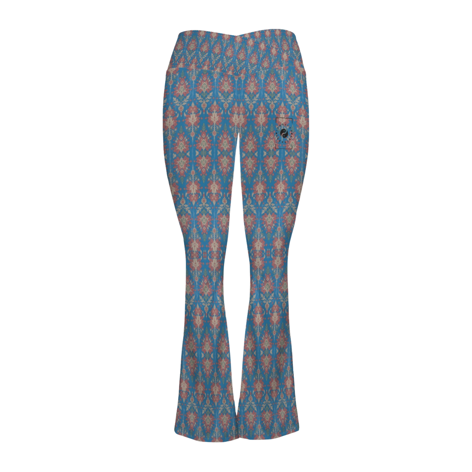 Jaipur Love Cross Waisted Flare Leggings with crossover waistband, V seam, flared leg, and printed stretch fabric
