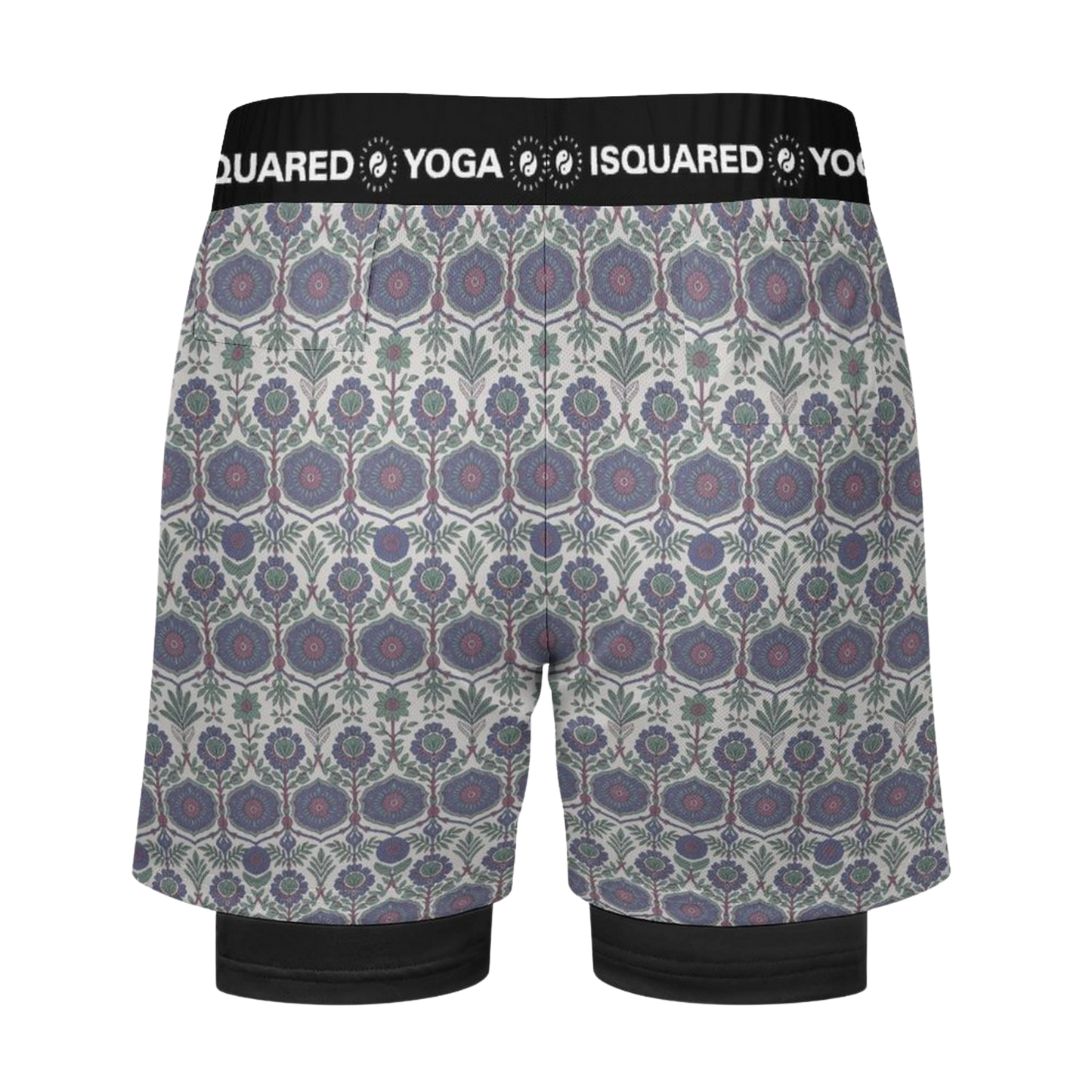 Jaipur Love dual-layer compression yoga shorts with mesh outer shell, milk silk liner, pockets, and vibrant print