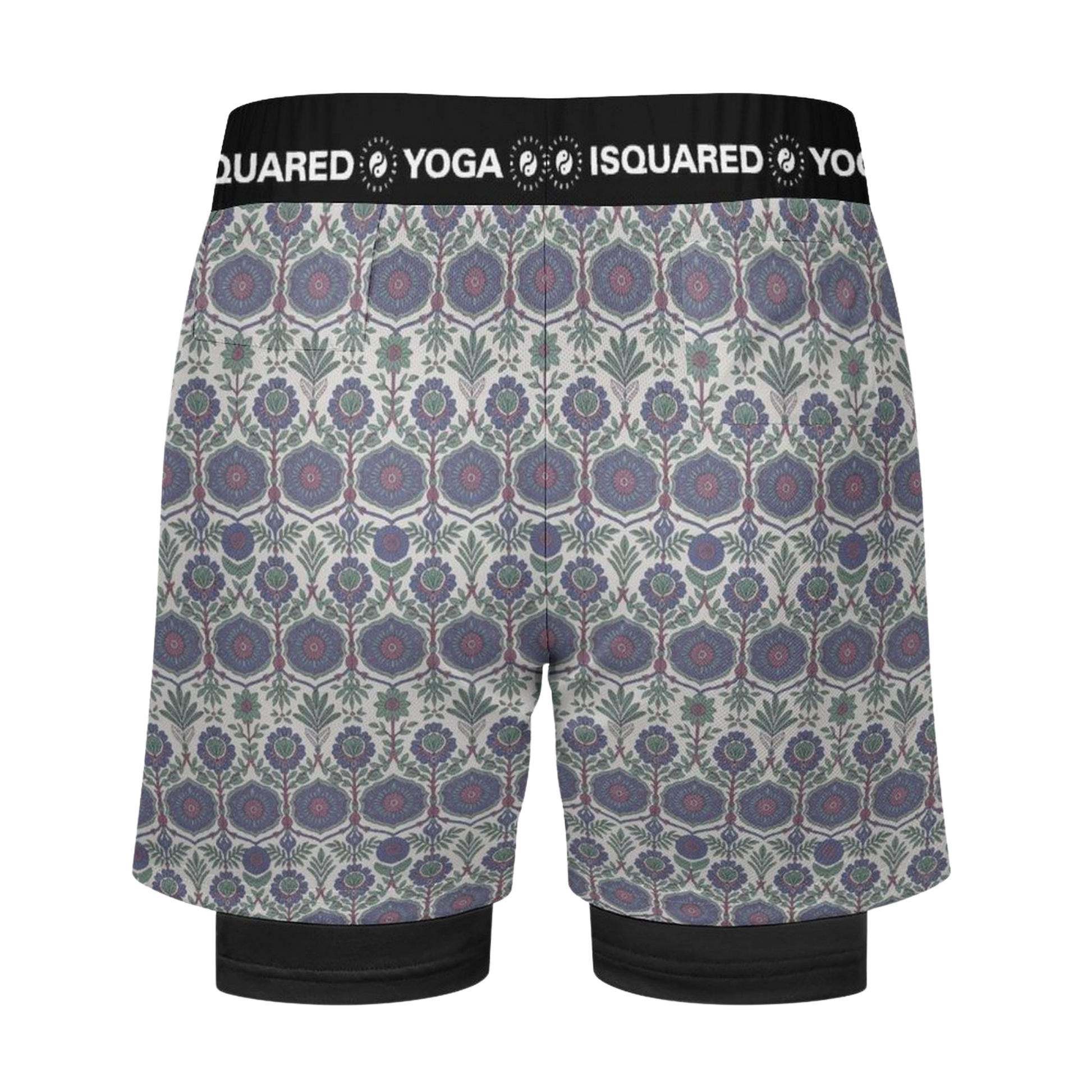 Jaipur Love dual-layer compression yoga shorts with mesh outer shell, milk silk liner, pockets, and vibrant print