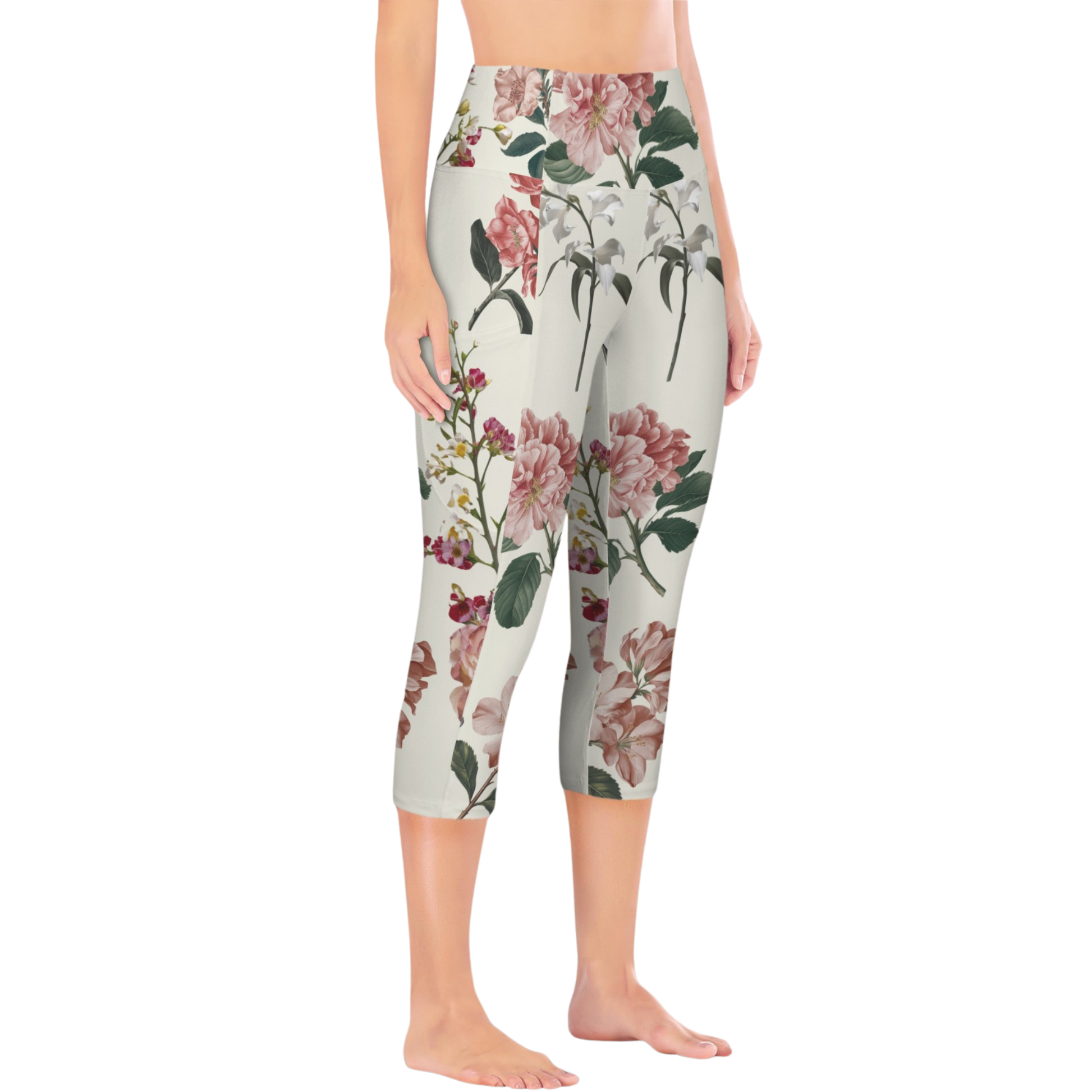 Botanicals iSquared Pocket Capri leggings with high-rise waistband, mid-calf length, and two side pockets