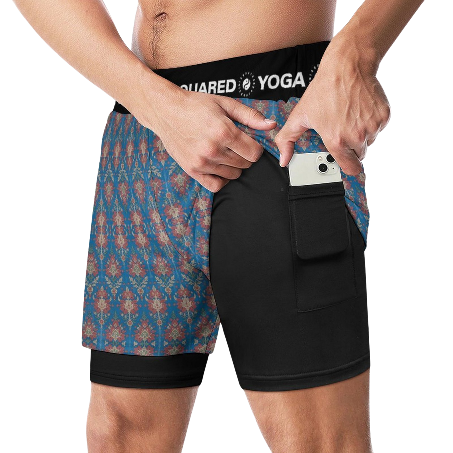Jaipur Love dual-layer compression yoga shorts with mesh outer shell, milk silk liner, pockets, and vibrant print