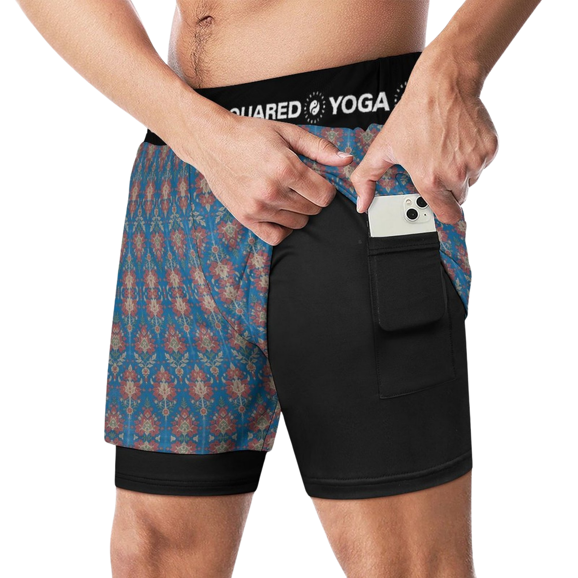 Jaipur Love dual-layer compression yoga shorts with mesh outer shell, milk silk liner, pockets, and vibrant print