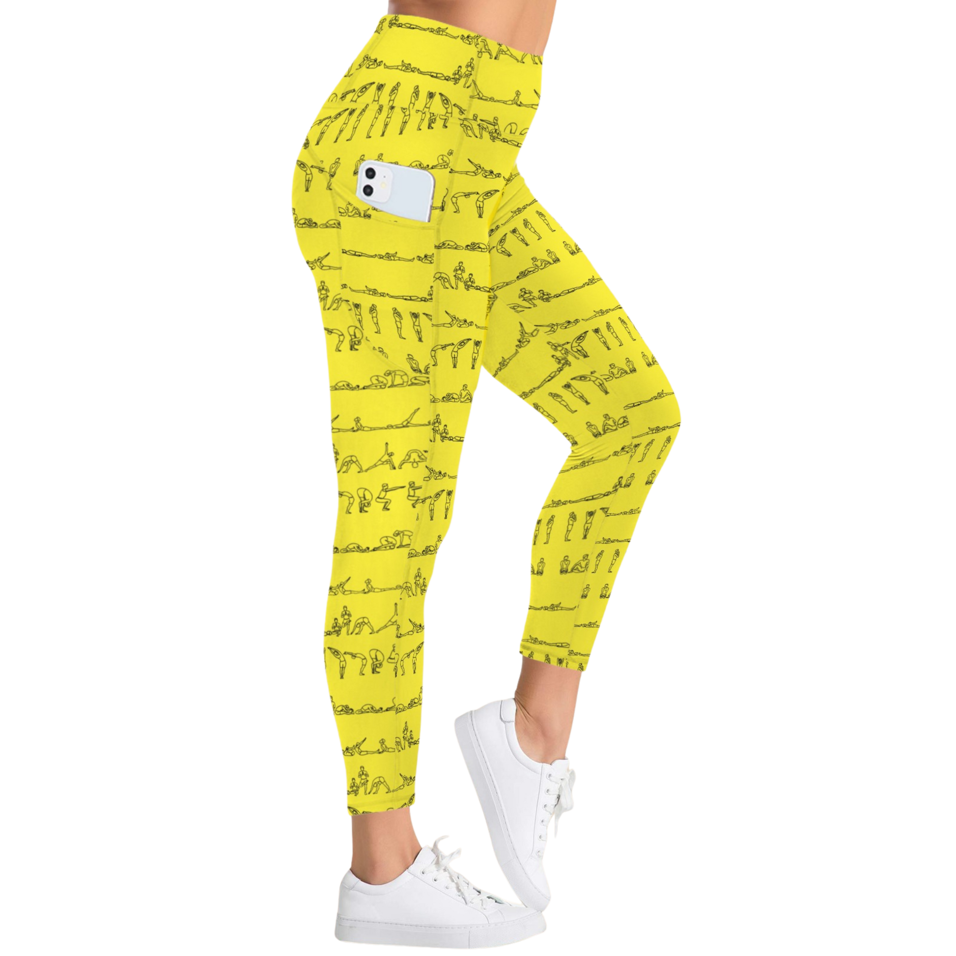 Yellow leggings with black yoga pose graphics, high-rise waistband, and a side pocket, styled with white sneakers.